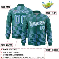 Aqua Lt Blue Grid Color Block Letterman Varsity Bomber Jacket 2