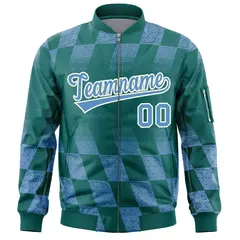 Aqua Lt Blue Grid Color Block Letterman Varsity Bomber Jacket 3