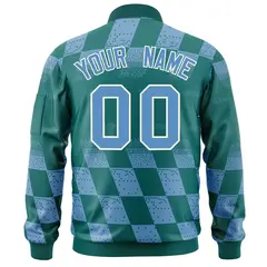 Aqua Lt Blue Grid Color Block Letterman Varsity Bomber Jacket 4