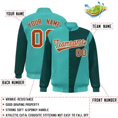 Aqua Midnight Green-Orange Color Block Varsity Full-Snap Bomber Jacket 2