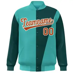 Aqua Midnight Green-Orange Color Block Varsity Full-Snap Bomber Jacket 3