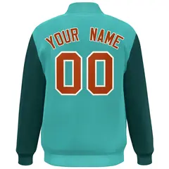 Aqua Midnight Green-Orange Color Block Varsity Full-Snap Bomber Jacket 4