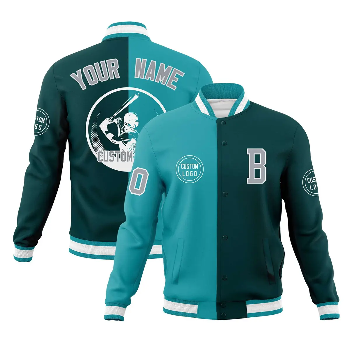 Aqua Midnight Green Split Letterman Varsity Full-Snap Baseball Jacket