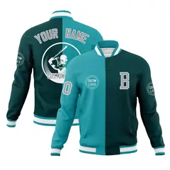 Aqua Midnight Green Split Letterman Varsity Full-Snap Baseball Jacket 1