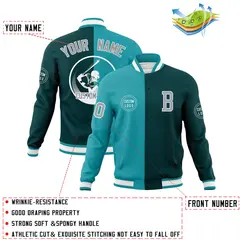 Aqua Midnight Green Split Letterman Varsity Full-Snap Baseball Jacket 4