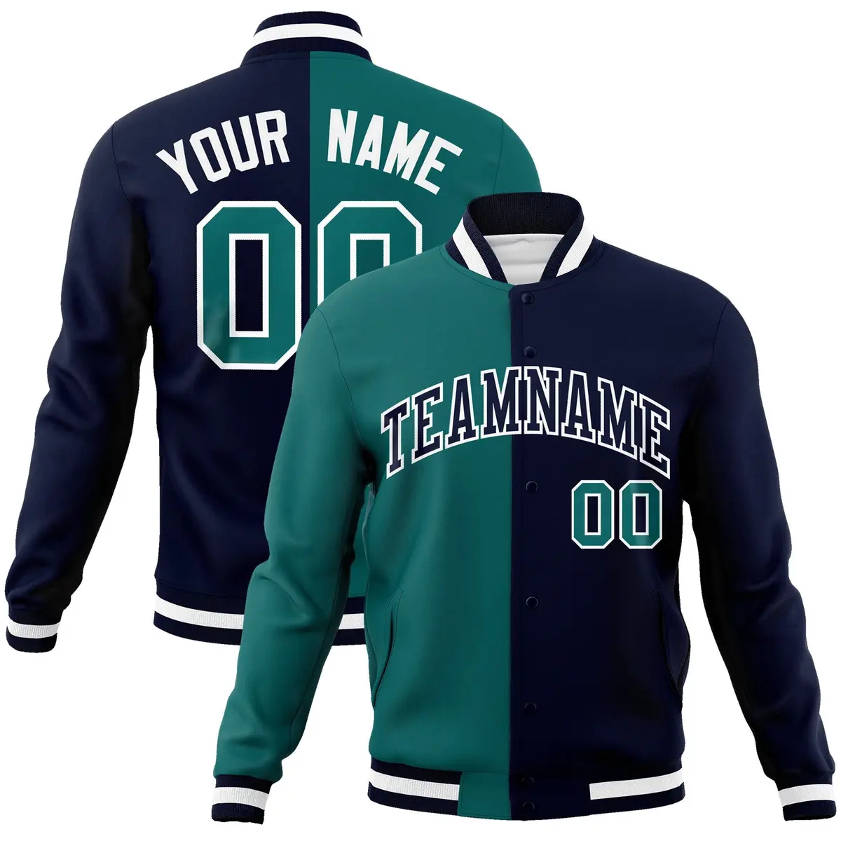 Aqua Navy-Black Two Tone Split Varsity Letterman Jacket