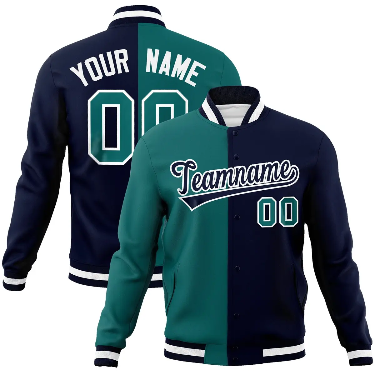 Aqua Navy-Black Two Tone Split Varsity Letterman Jacket
