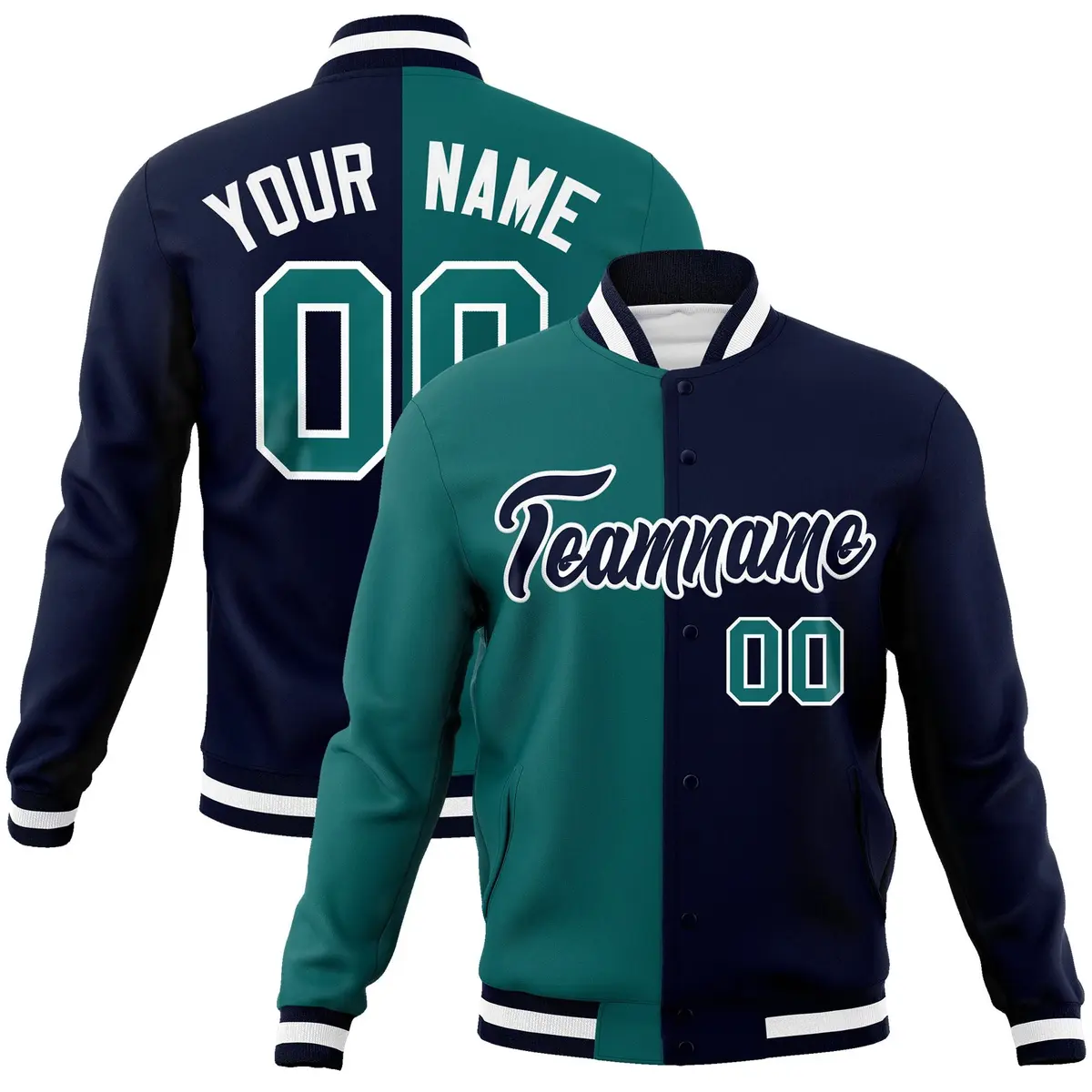 Aqua Navy-Black Two Tone Split Varsity Letterman Jacket