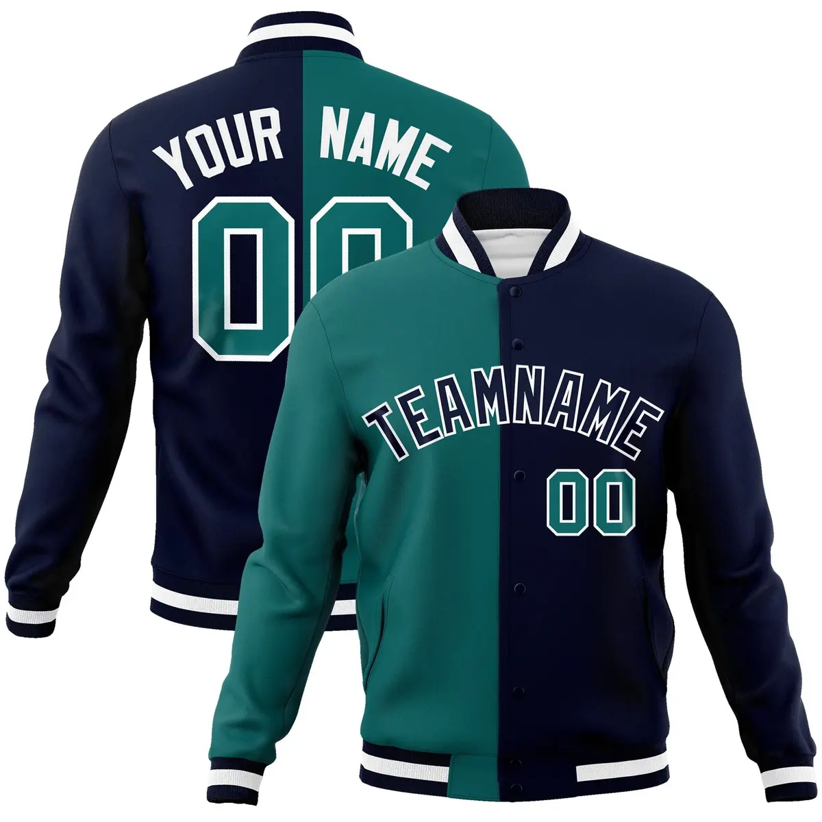 Aqua Navy-Black Two Tone Split Varsity Letterman Jacket