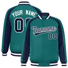 Aqua Navy Color Block Raglan Full-Snap Varsity Letterman Jacket