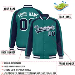 Aqua Navy Color Block Raglan Full-Snap Varsity Letterman Jacket 2