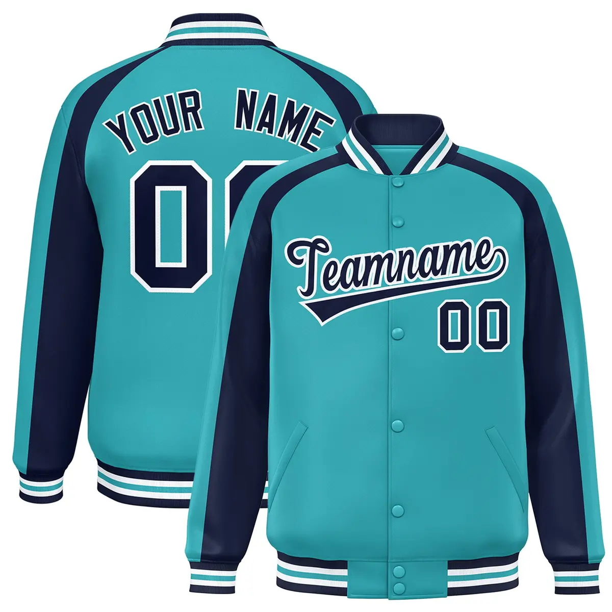 Aqua Navy Color Block Raglan Full-Snap Varsity Letterman Jacket