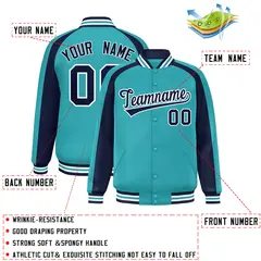 Aqua Navy Color Block Raglan Full-Snap Varsity Letterman Jacket 2