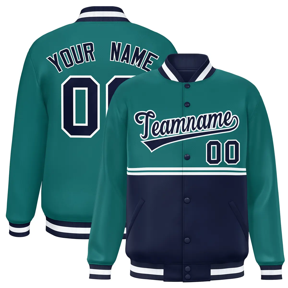 Aqua Navy Color Block Varsity Full-Snap Letterman Jacket