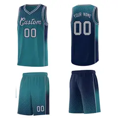 Aqua Navy Dot Pattern Reversible Gradient Basketball Jersey Kits 5