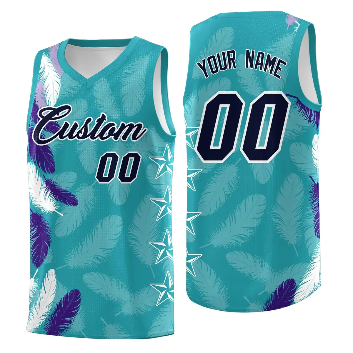 Aqua Navy Feather Graffiti Pattern Basketball Jersey