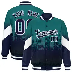 Aqua Navy Gradient Polka Dot Full-Snap Letterman Jacket
