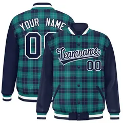 Aqua Navy-Gray Plaid Varsity Letterman Baseball Jacket 1