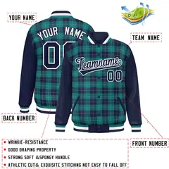 Aqua Navy-Gray Plaid Varsity Letterman Baseball Jacket 2