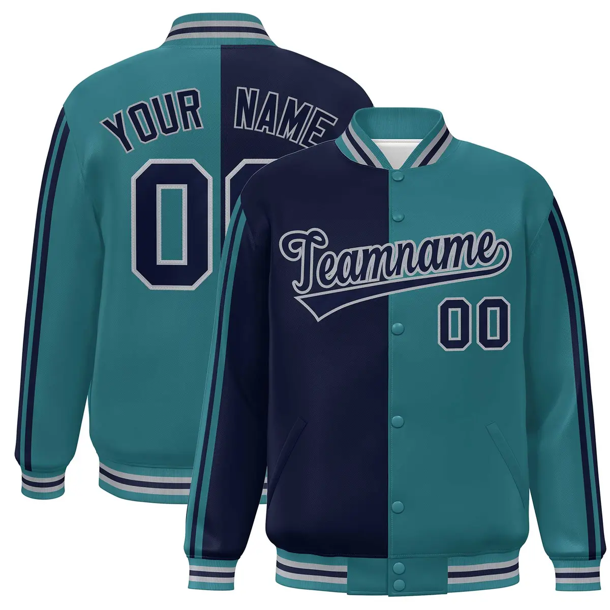 Aqua Navy-Gray Two Tone Color Block Varsity Baseball Bomber Jacket