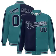 Aqua Navy-Gray Two Tone Color Block Varsity Baseball Bomber Jacket