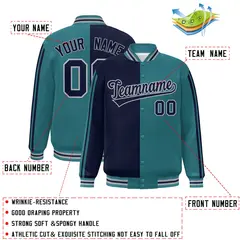 Aqua Navy-Gray Two Tone Color Block Varsity Baseball Bomber Jacket 2