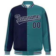 Aqua Navy-Gray Two Tone Color Block Varsity Baseball Bomber Jacket 3
