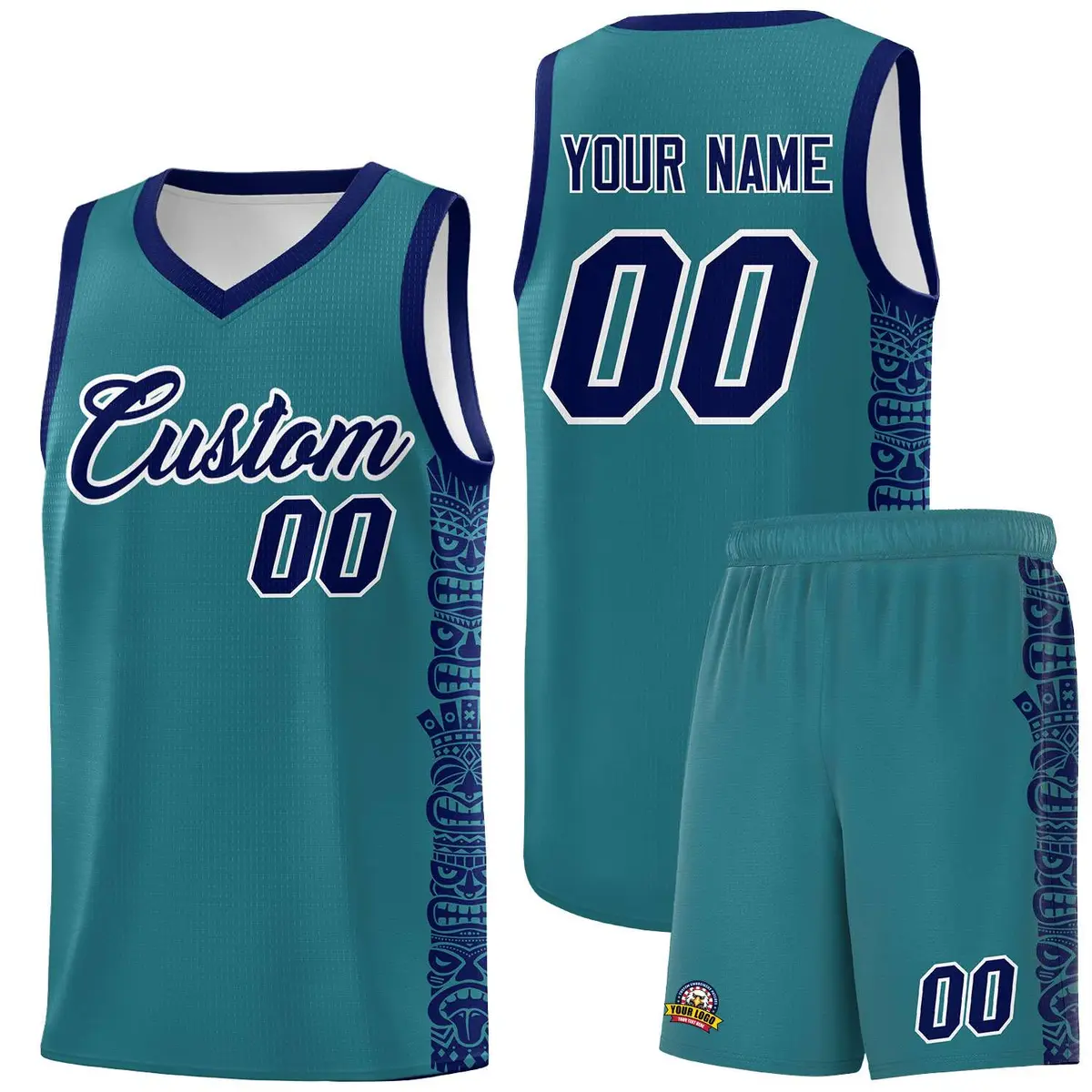 Aqua Navy Indians Pattern Basketball Uniform Jersey