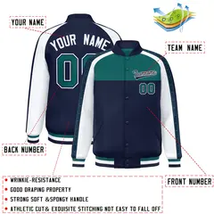 Aqua Navy K-Ribbon Raglan Color Block Varsity Letterman Jacket 2