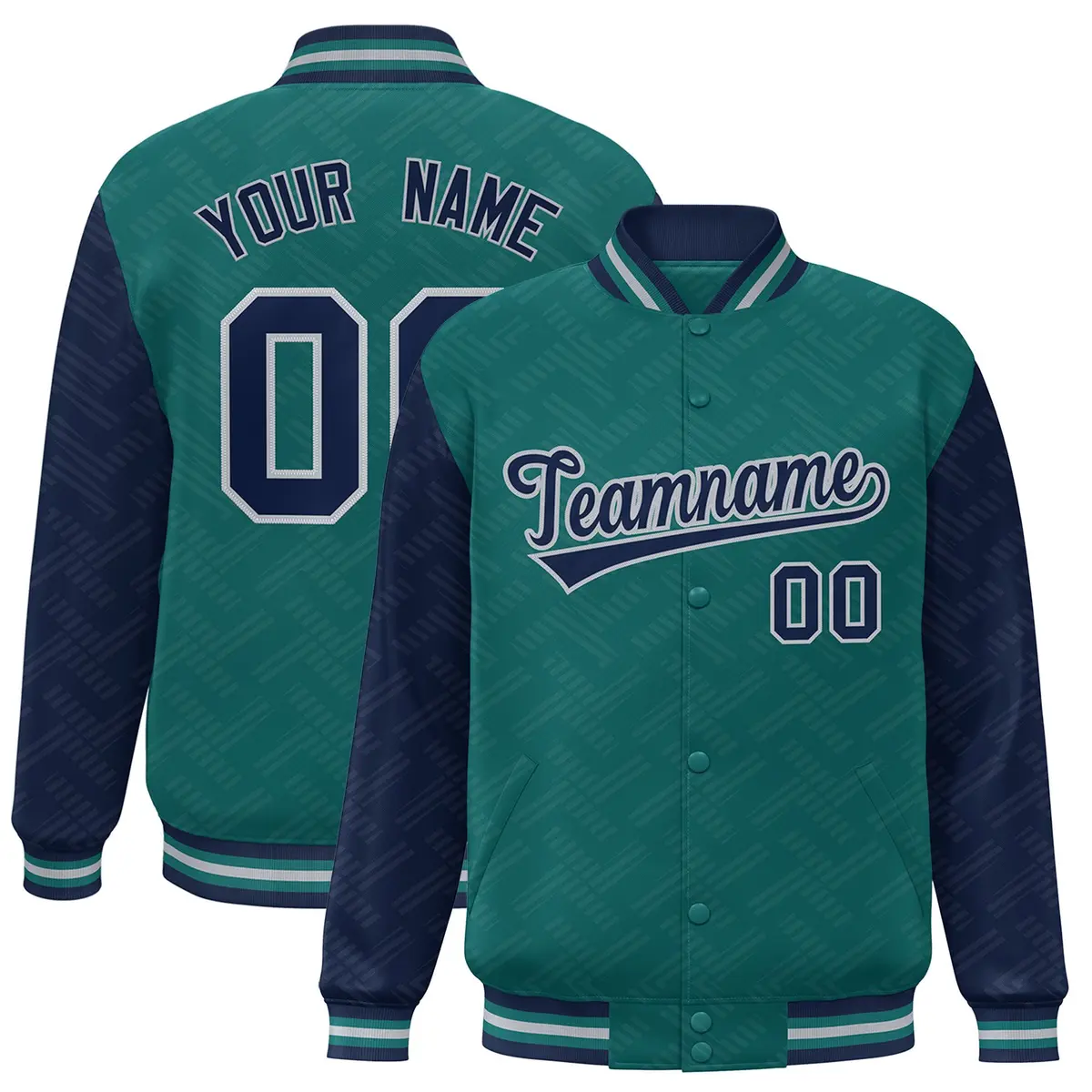 Aqua Navy L Pattern Raglan Sleeves Full-Snap Varsity Letterman Jacket