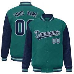 Aqua Navy L Pattern Raglan Sleeves Full-Snap Varsity Letterman Jacket