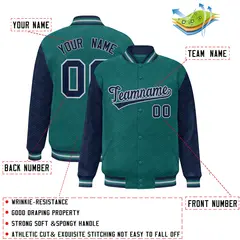 Aqua Navy L Pattern Raglan Sleeves Full-Snap Varsity Letterman Jacket 2