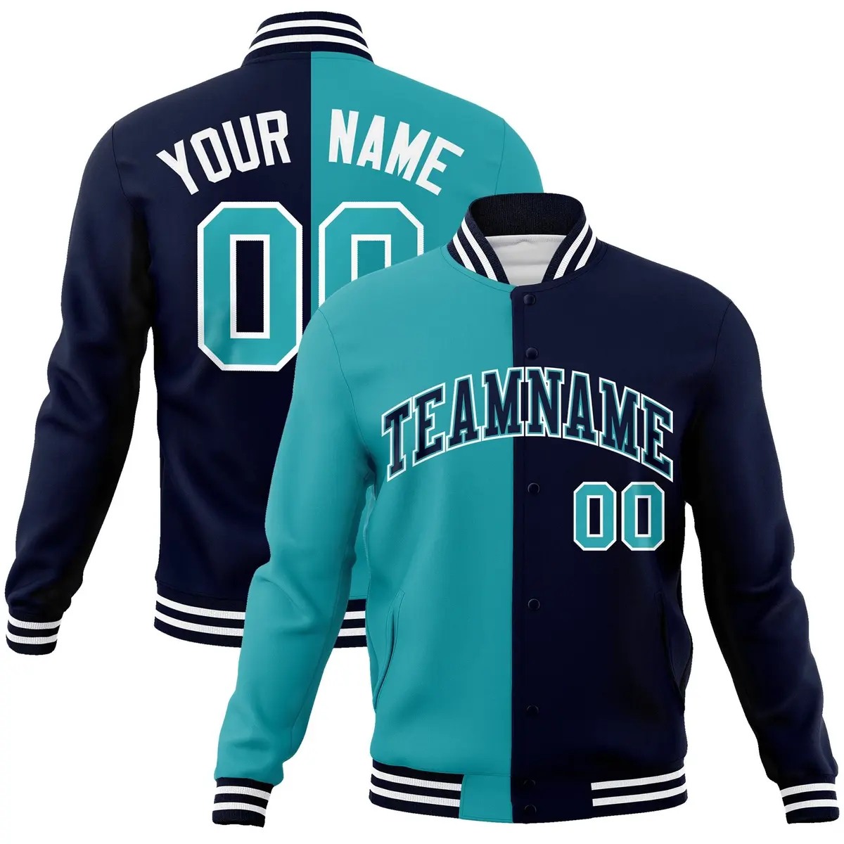 Aqua Navy-Navy Two Tone Split Varsity Full-Snap Letterman Jacket