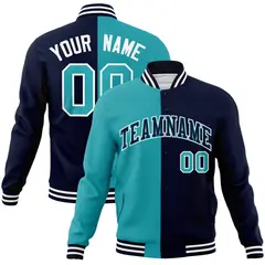 Aqua Navy-Navy Two Tone Split Varsity Full-Snap Letterman Jacket 1