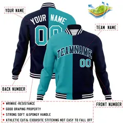 Aqua Navy-Navy Two Tone Split Varsity Full-Snap Letterman Jacket 4