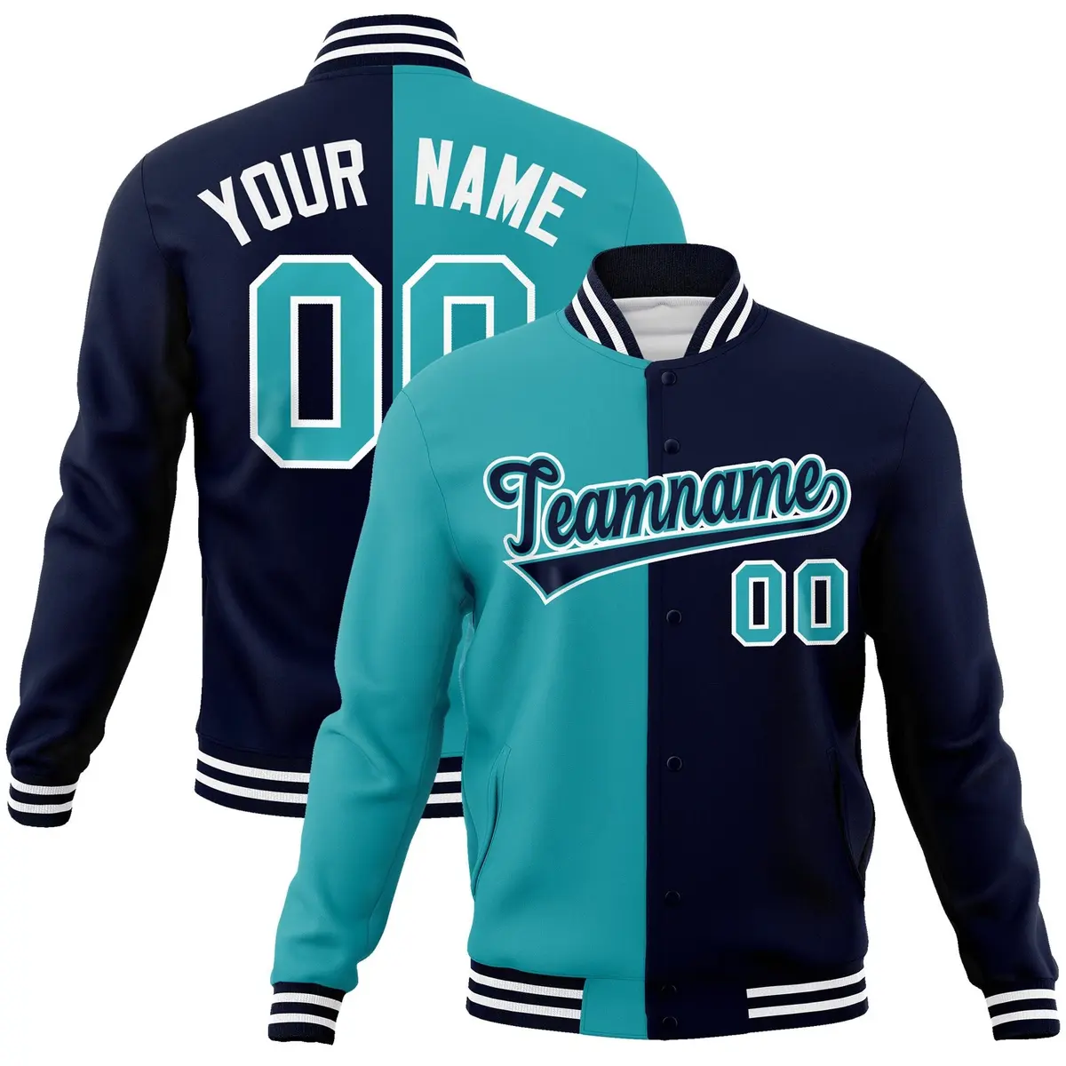 Aqua Navy-Navy Two Tone Split Varsity Full-Snap Letterman Jacket