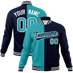 Aqua Navy-Navy Two Tone Split Varsity Full-Snap Letterman Jacket 1