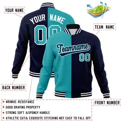Aqua Navy-Navy Two Tone Split Varsity Full-Snap Letterman Jacket 4