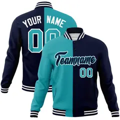 Aqua Navy-Navy Two Tone Split Varsity Full-Snap Letterman Jacket 1
