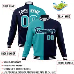 Aqua Navy-Navy Two Tone Split Varsity Full-Snap Letterman Jacket 4