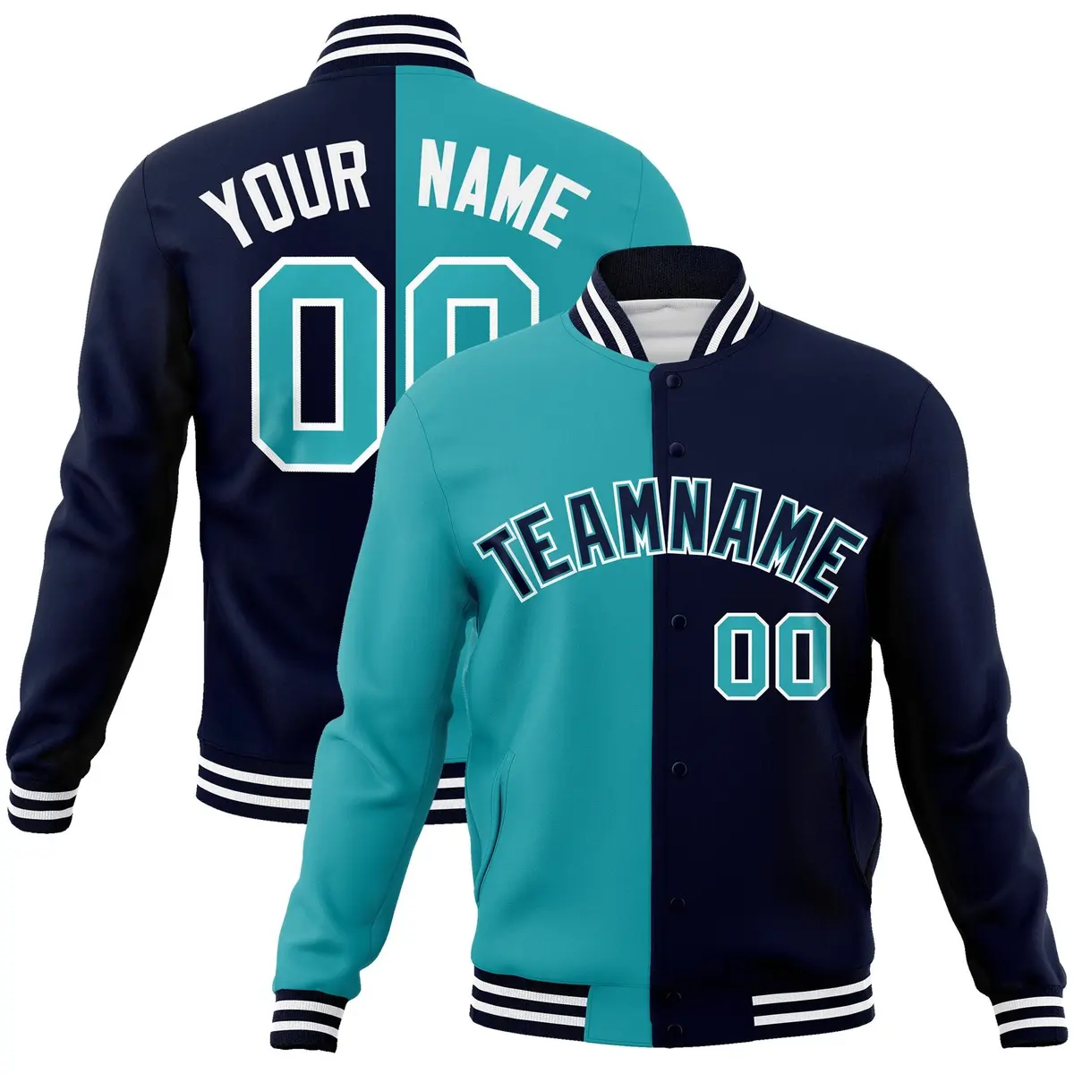 Aqua Navy-Navy Two Tone Split Varsity Full-Snap Letterman Jacket