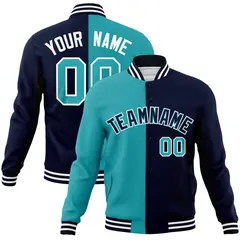 Aqua Navy-Navy Two Tone Split Varsity Full-Snap Letterman Jacket 1