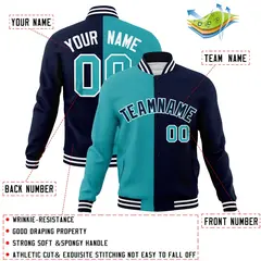 Aqua Navy-Navy Two Tone Split Varsity Full-Snap Letterman Jacket 4