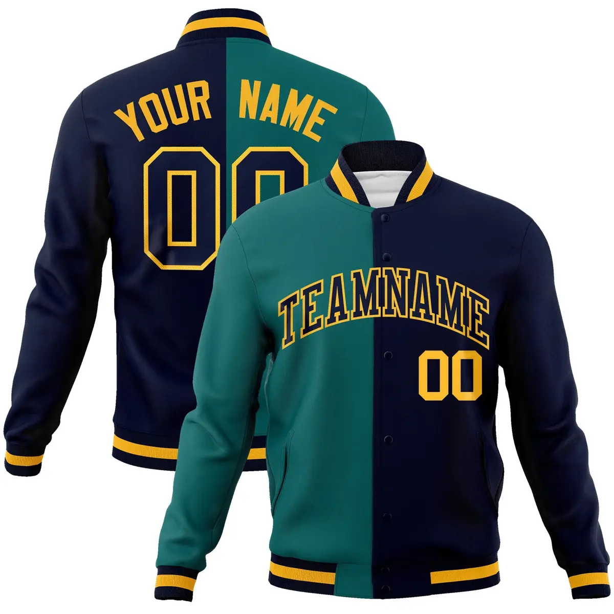 Aqua Navy-Navy Two Tone Split Varsity Full-Snap Letterman Jacket