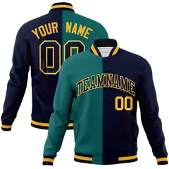 Aqua Navy-Navy Two Tone Split Varsity Full-Snap Letterman Jacket