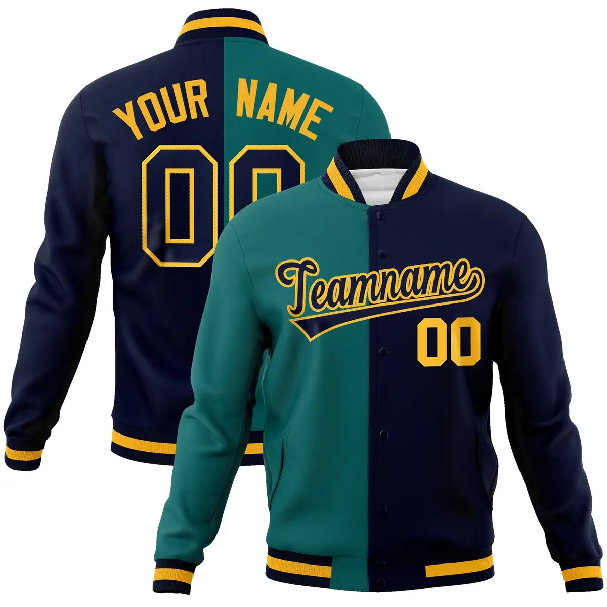 Aqua Navy-Navy Two Tone Split Varsity Full-Snap Letterman Jacket