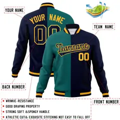 Aqua Navy-Navy Two Tone Split Varsity Full-Snap Letterman Jacket 4