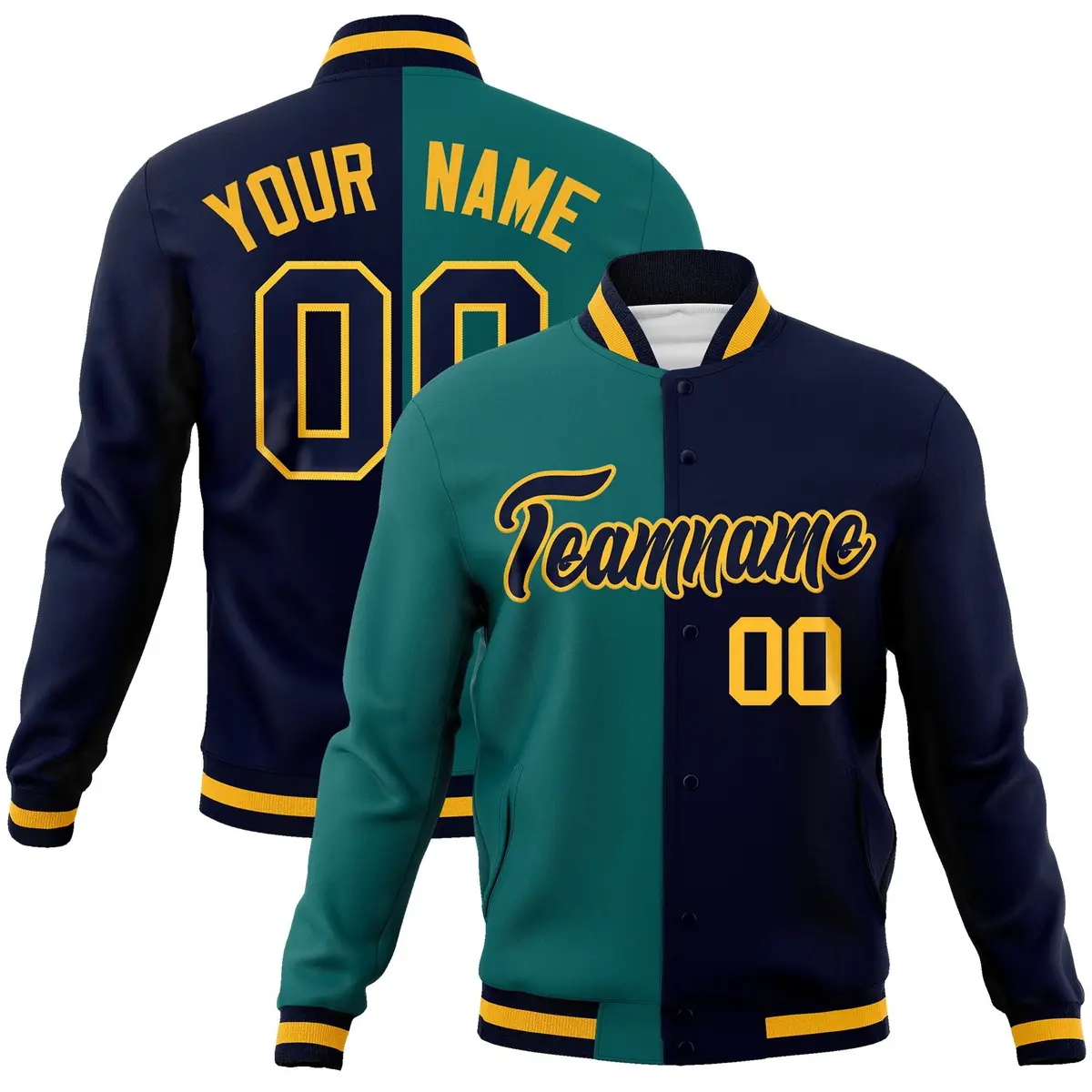 Aqua Navy-Navy Two Tone Split Varsity Full-Snap Letterman Jacket