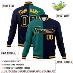 Aqua Navy-Navy Two Tone Split Varsity Full-Snap Letterman Jacket 4