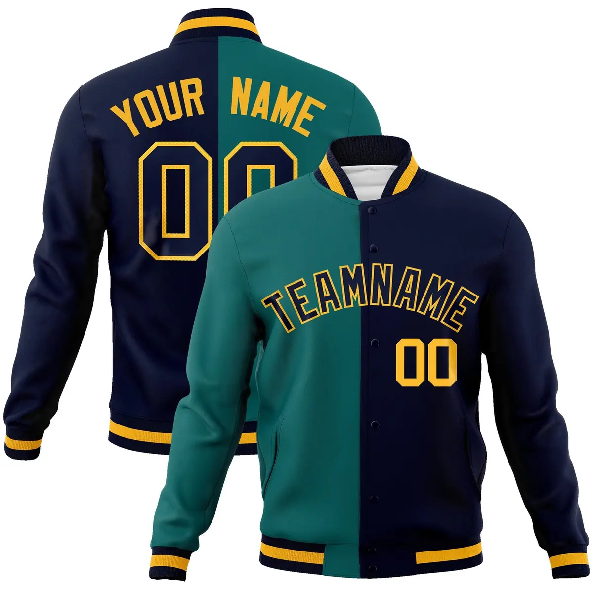 Aqua Navy-Navy Two Tone Split Varsity Full-Snap Letterman Jacket